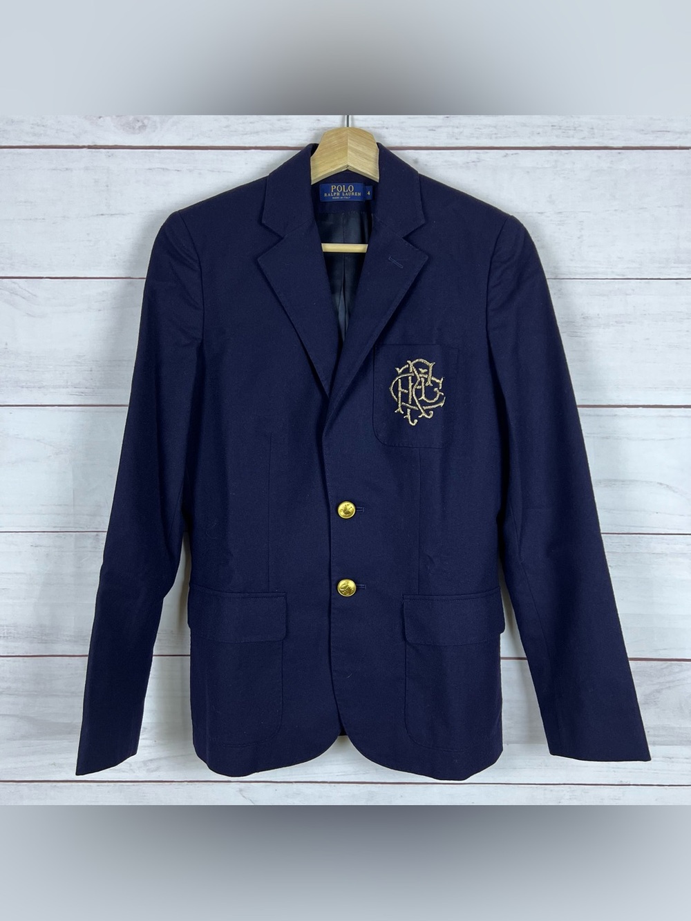RALPH LAUREN Womens Jacket Wool Lined Blazer Navy Preppy Patch Crest Gold Size 4